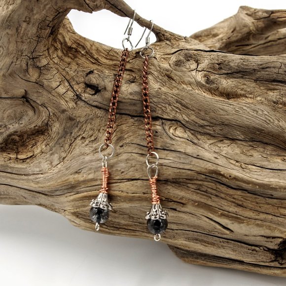Long Copper Chain Earrings with Crackle Glass Beads - Picture 4 of 9